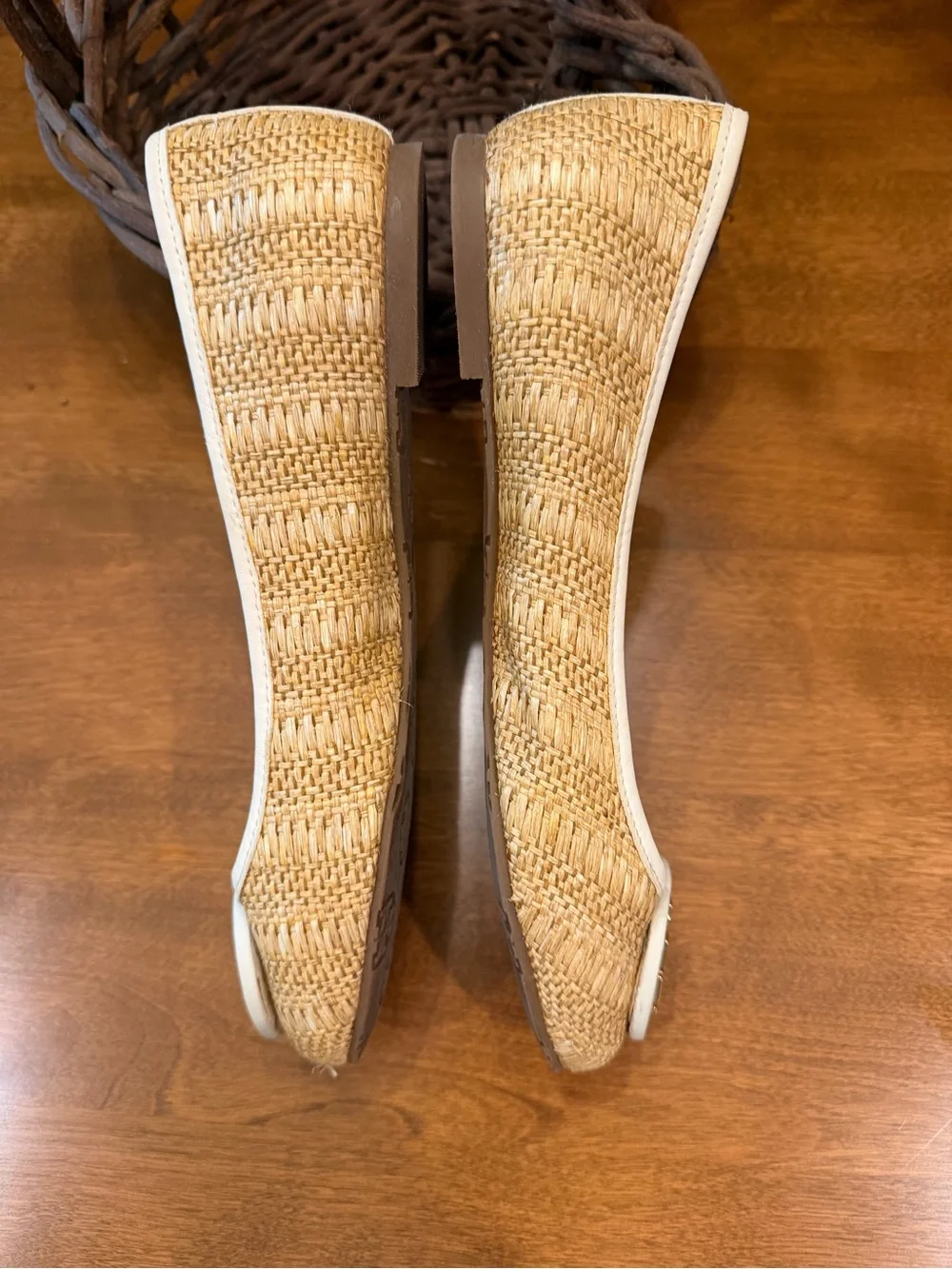 Tory Burch Natural Raffia Flats with White Trim and Gold Logo